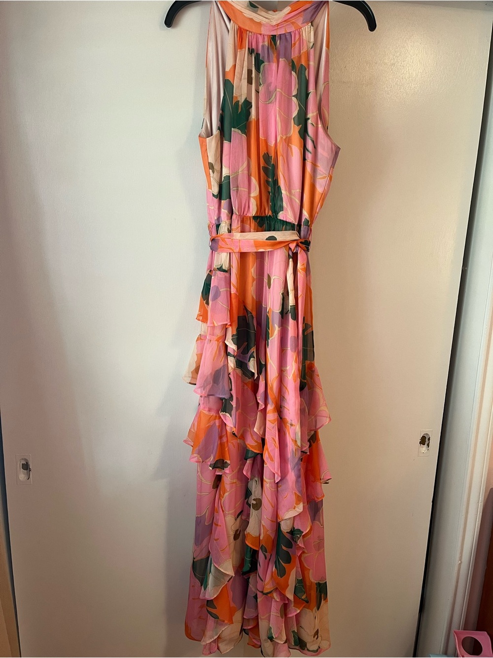 Alex Marie Size 10 Floral Halter Maxi Dress with Tiered Ruffles